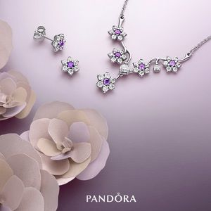Pandora 925 Purple Flower Necklace&Earring Set